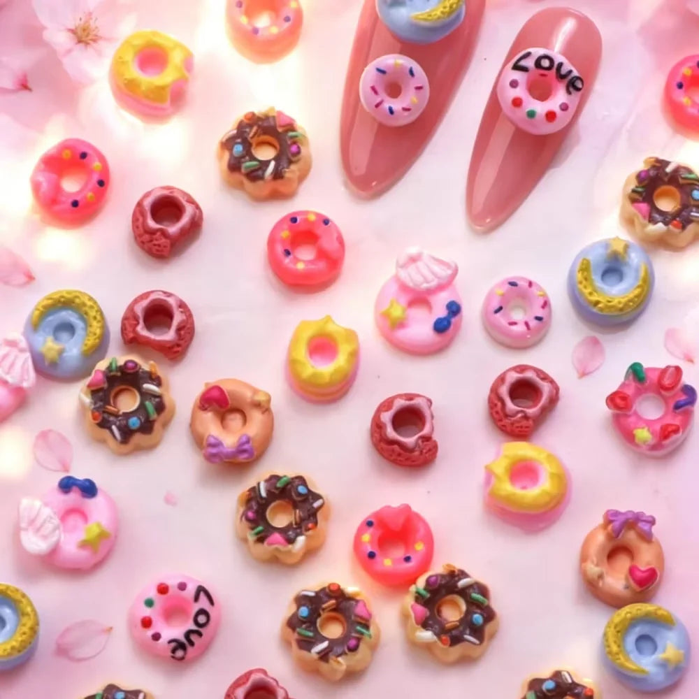 50Pcs 3D Mixed Donut Nail Charms Random Cartoon Flaback Doughnut Nails Art Decorations Kawaii Resin Dessert Manicure Accessories