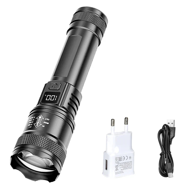 Ultra Bright LED Flashlight 2000LM Type-C Rechargeable Long Range Zoom Tactical Torch Outdoor Emergency Camping Fishing Lantern