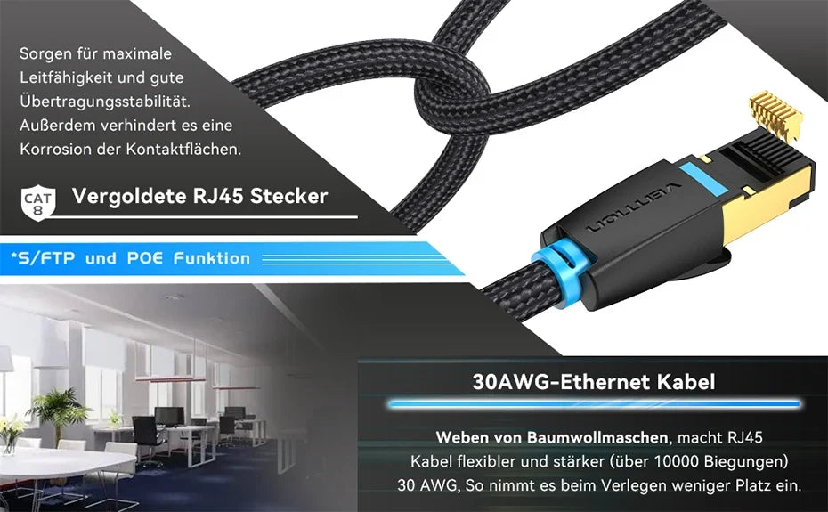 Vention CAT8 Ethernet Cable 40Gbps 2000MHz CAT 8 Networking Cotton Braided Internet Lan Cord for Laptops PS 5 Router RJ45 Cable