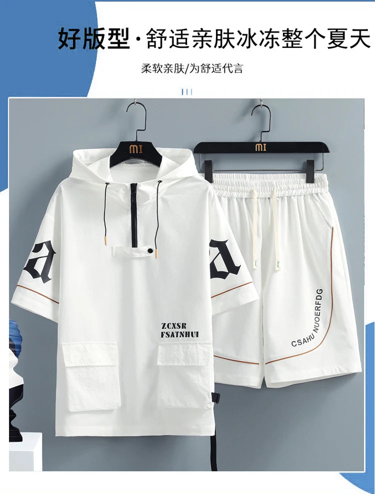 2 Pcs/Set Men Tracksuit Short Sleeve Hoodies+Pants Hooded Elastic Waist Summer Hip Hop Sweatshirt Sweatpants Loose Set