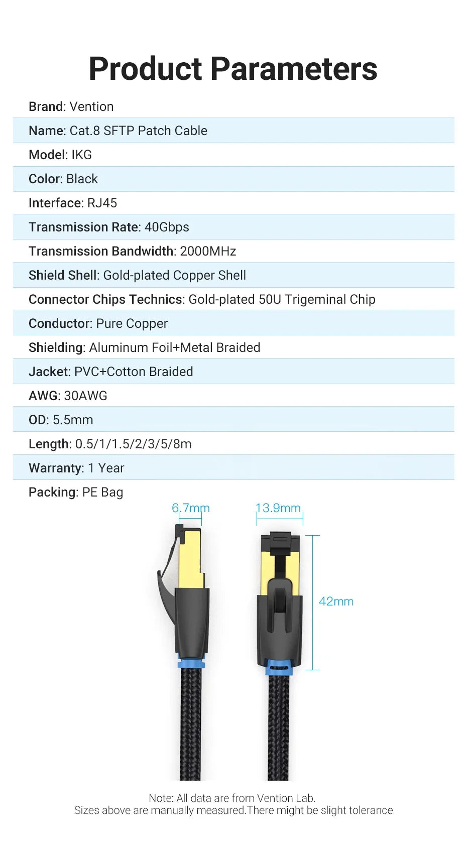 Vention CAT8 Ethernet Cable 40Gbps 2000MHz CAT 8 Networking Cotton Braided Internet Lan Cord for Laptops PS 5 Router RJ45 Cable