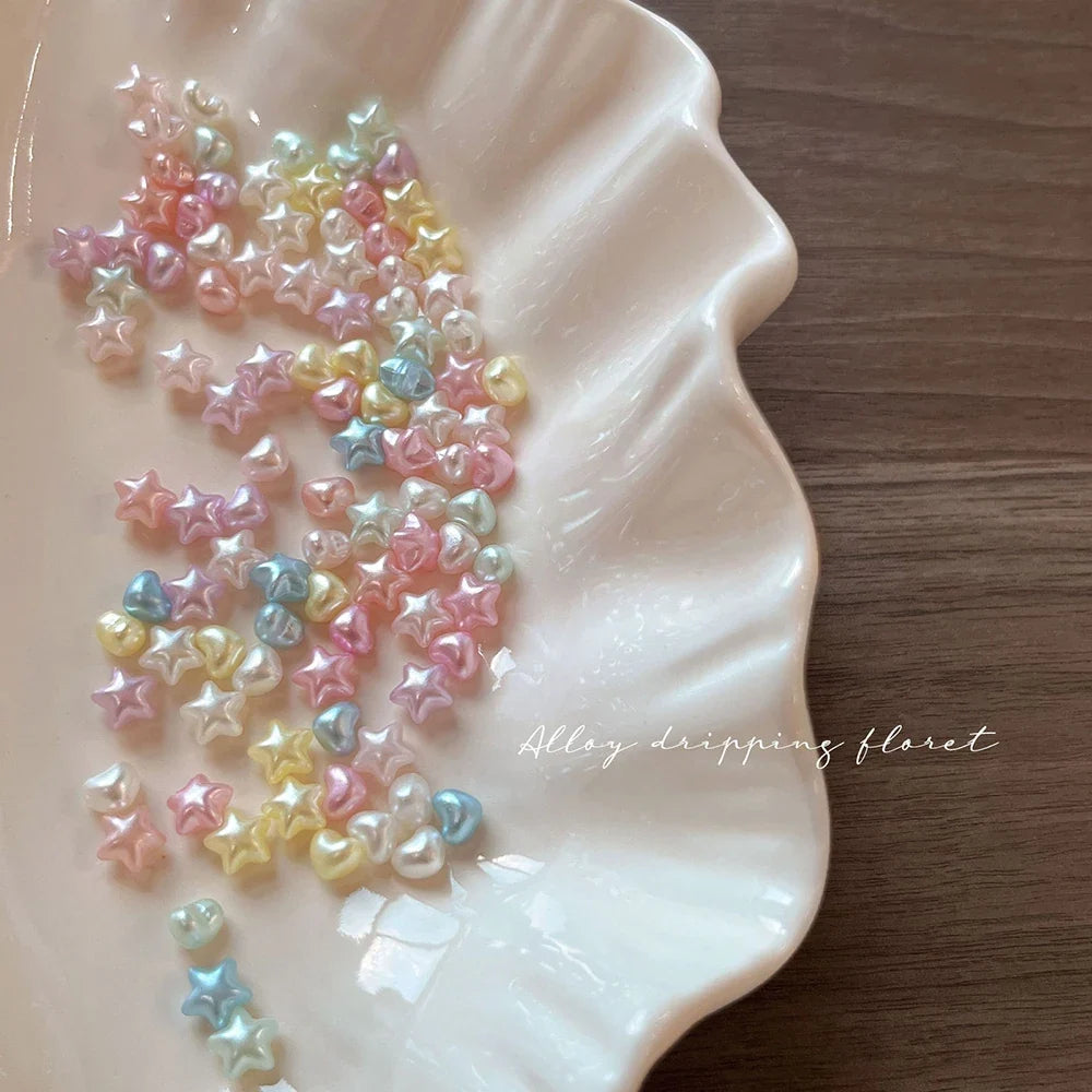 100PCS 2PACKS Macaron Star Heart 3D Pearlescent Pearl Rhinestone Nail Charms Mixed Color 6.5*10mm for Manicure DIY Love Heart