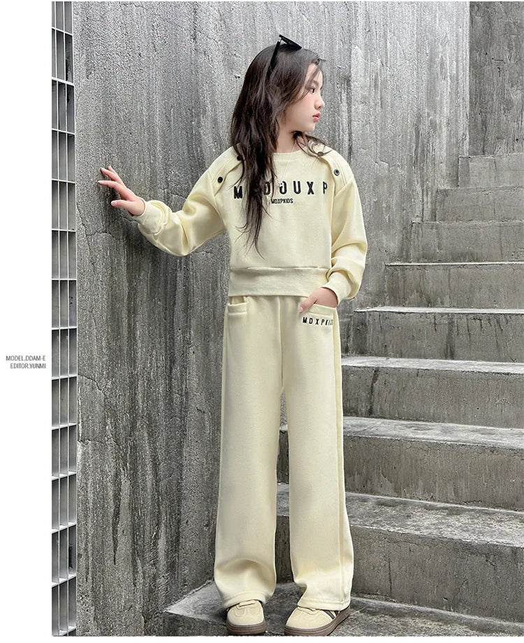 2025 teenager Gray girls Sport Suit winter spring Clothes Long Sleeve sweatshirt & wide leg Pant Casual 4 8 10 11 12 Years
