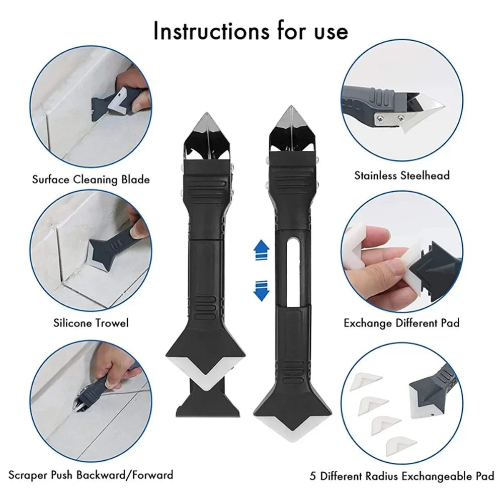 5 in 1 Metal Head Shovel Glue Tool Kit: Silicone Spatula, Caulk Remover, Grout Removal, Sealant Finishing & Corner Scrap