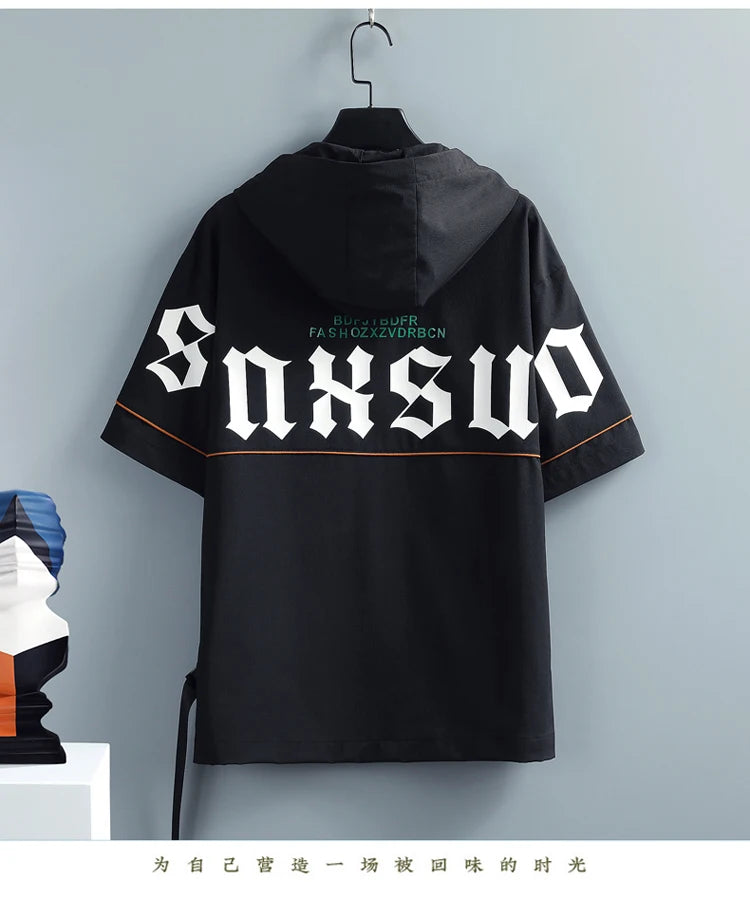 2 Pcs/Set Men Tracksuit Short Sleeve Hoodies+Pants Hooded Elastic Waist Summer Hip Hop Sweatshirt Sweatpants Loose Set