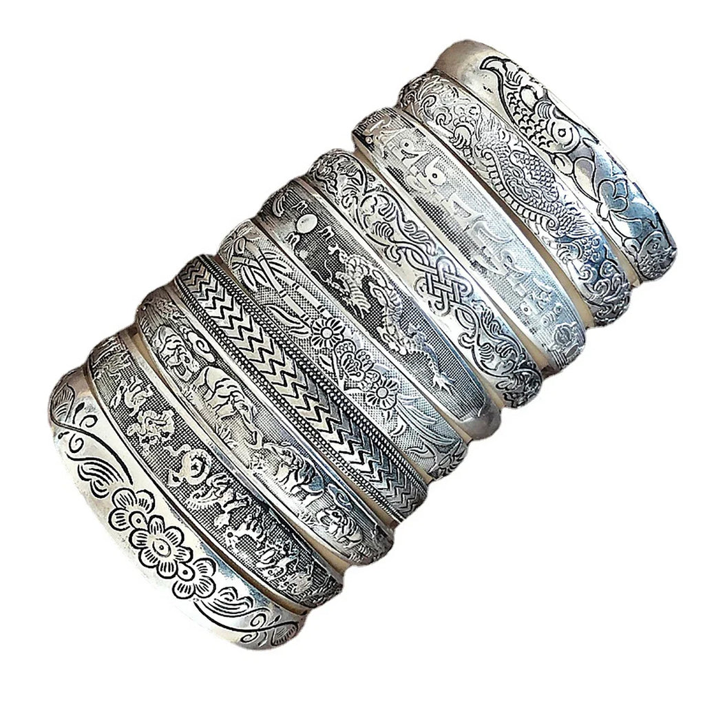 New Retro Cuff Bracelets Tibetan Silver Metal Carving Fish Elephant Flower Bangles Vintage Gypsy Jewelry Female Gifts