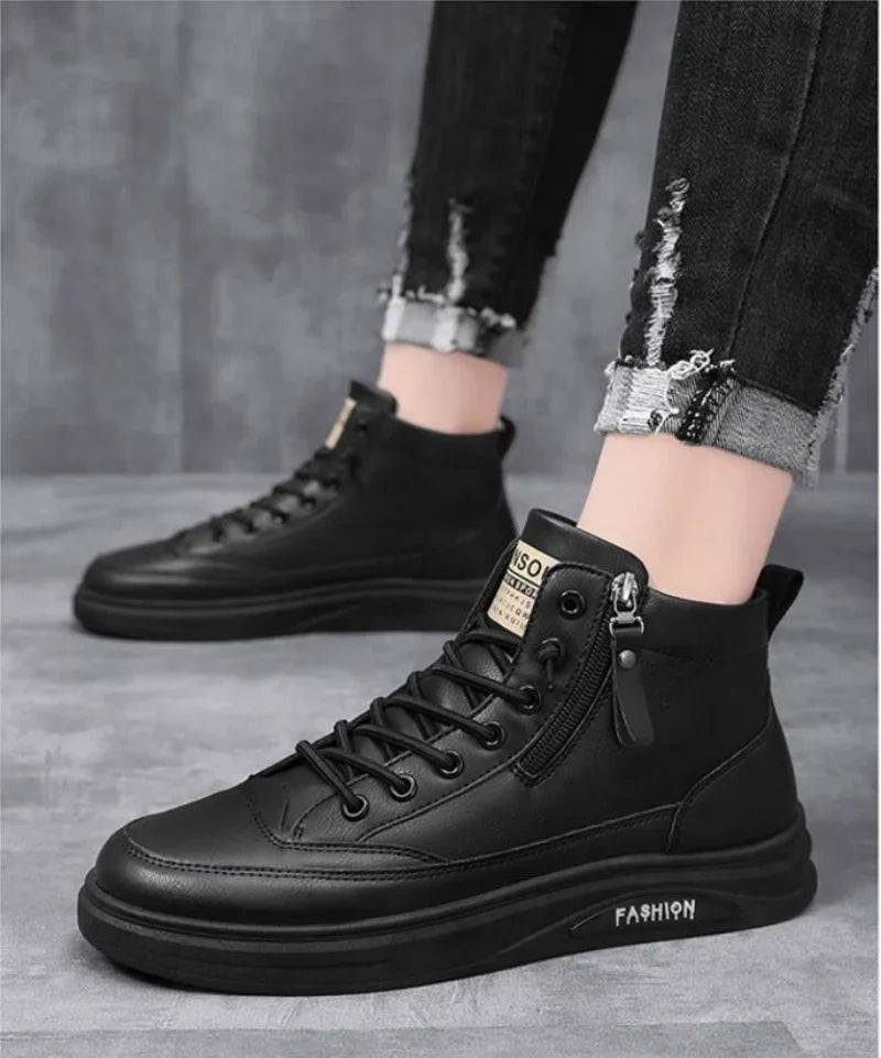 Men Boots Autumn High Top Leather Casual Shoes Fashion Cotton Shoes Flat Ankle Boots Business Outdoor Shoes Man Sneakers New