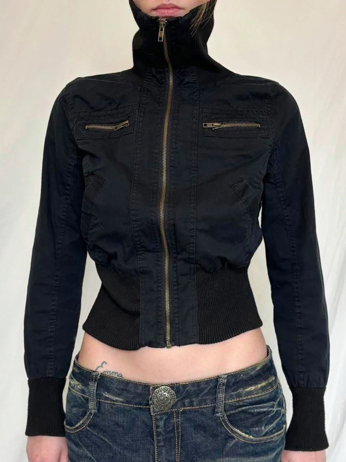 Vintage Cropped Jackets Women Harajuku Casual Slim Fit Zipper Coat Y2K Streetwear Long Sleeve Outerwear Autumn New Arrival
