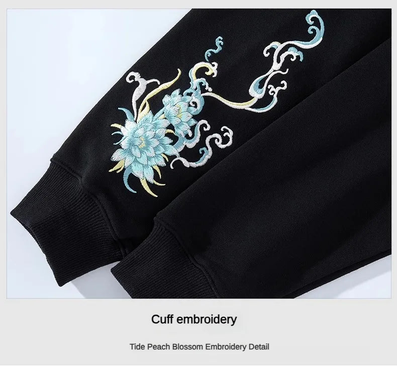 Vintage Hoodies Men Dragon Embroidery Hoodies Women Hip Hop Hooded Sweatshirt Chinese Streetwear Hoody Cotton Fleece Pullover