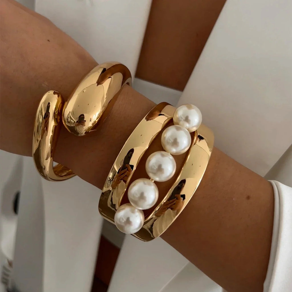 SHIXIN Design Geometric Water Drop Gold Color Wide Spring Bangles for Women Elegant Imitation Pearl Cuff Bracelets New Jewelry