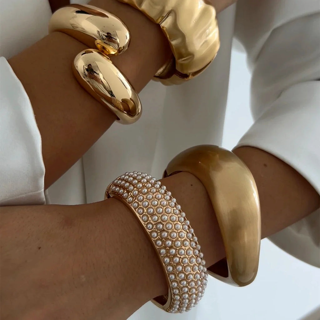 SHIXIN Design Geometric Water Drop Gold Color Wide Spring Bangles for Women Elegant Imitation Pearl Cuff Bracelets New Jewelry