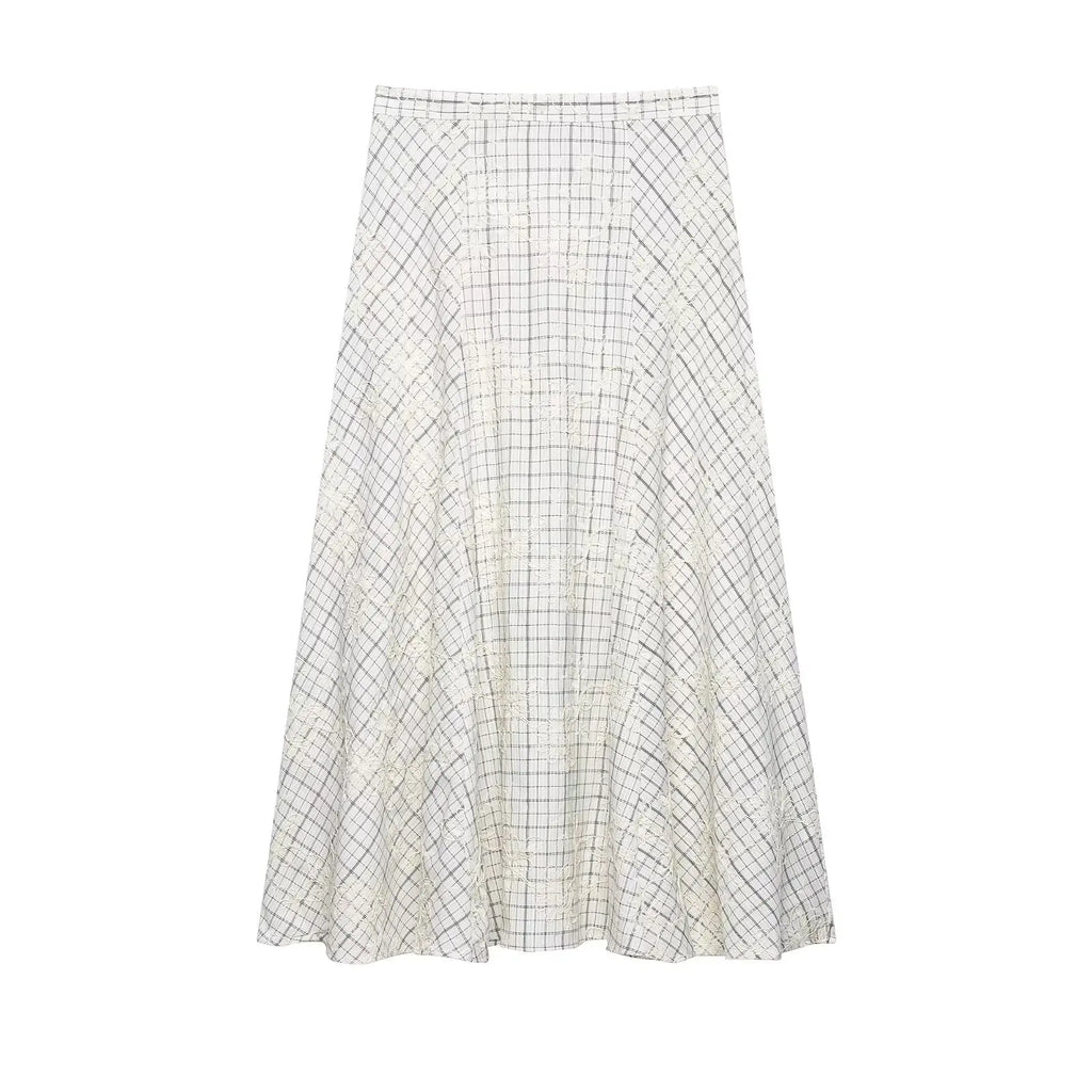 KONDALA Chic Embroidery Plaid Skirt Set Women Trendy 2026 Spring Summer Holidays Casual Set Puff Sleeve Shirts, A-Line Skirts