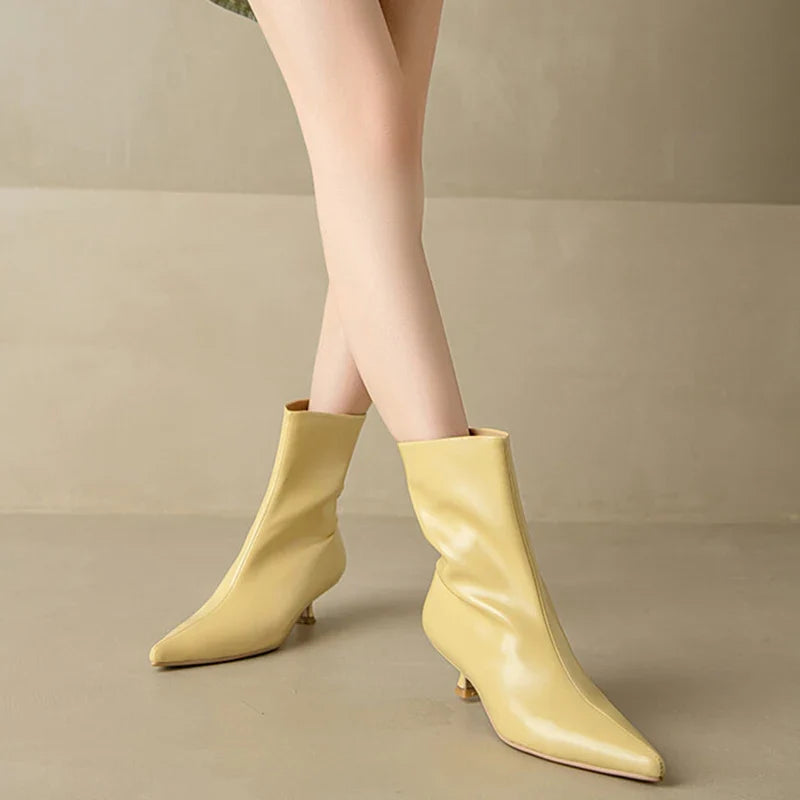 JOZHAMTA Size 34-43 Women Real Leather Ankle Boots Fashion Mid Heels Shoes For Winter Boots Pointy Office Lady Daily Dress Shoes