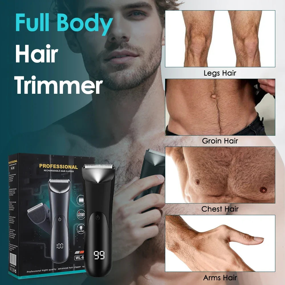 Electric Groin Body Hair Trimmer for Men Ceramic Blade Head Pubic Hair Ball Shaver Travel LED Display Body Chest Hair Razor