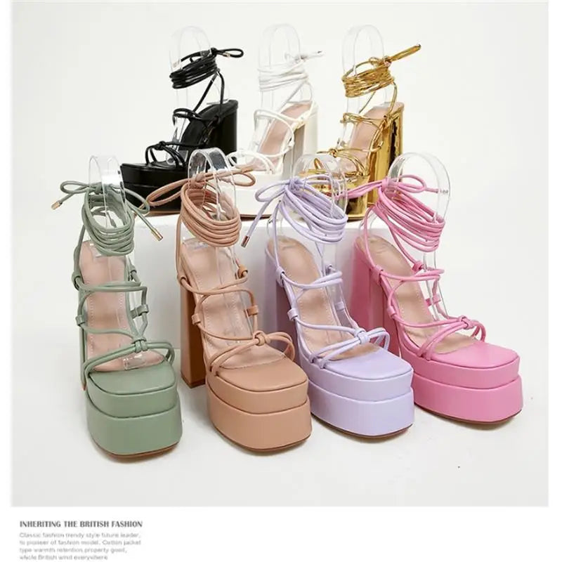 FF2025 New Fashion Solid Colored Cross-tied Heels Supper High Platform Dressing Sandals Peep-toe Square Heel Summer Footwear