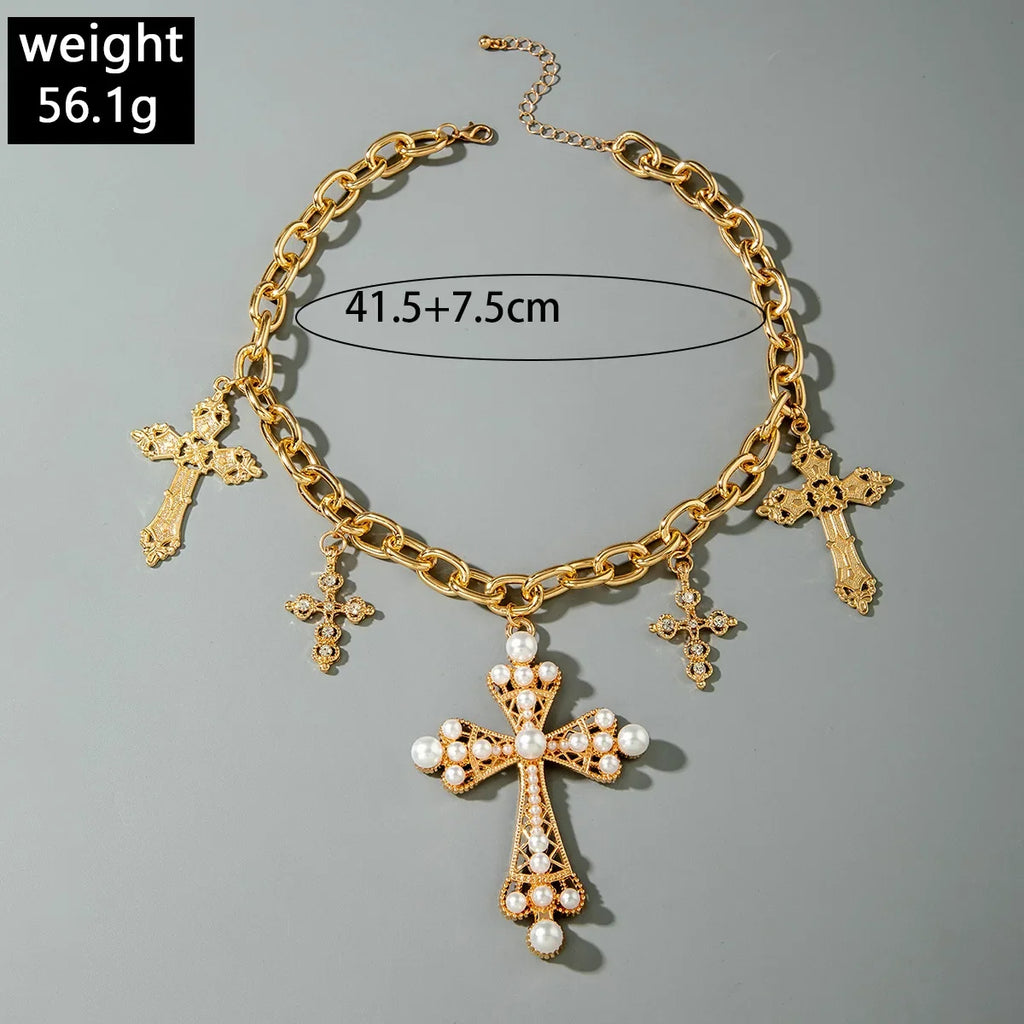 Vintage Creative Imitation Pearl Big Cross Pendant Necklace for Men Woman Luxury Rhinestone Choker Adjustable Chain Jewelry