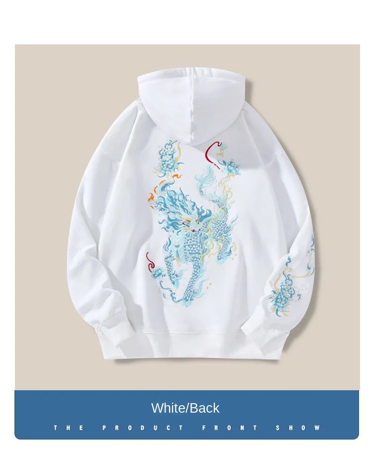 Vintage Hoodies Men Dragon Embroidery Hoodies Women Hip Hop Hooded Sweatshirt Chinese Streetwear Hoody Cotton Fleece Pullover