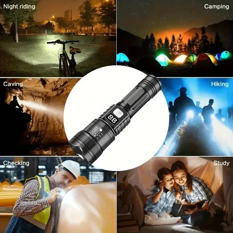 100000LM Super Bright Flashlight Type-C Rechargeable LED Torch Long Range Tactical Lamp for Outdoor Waterproof Camping Lantern