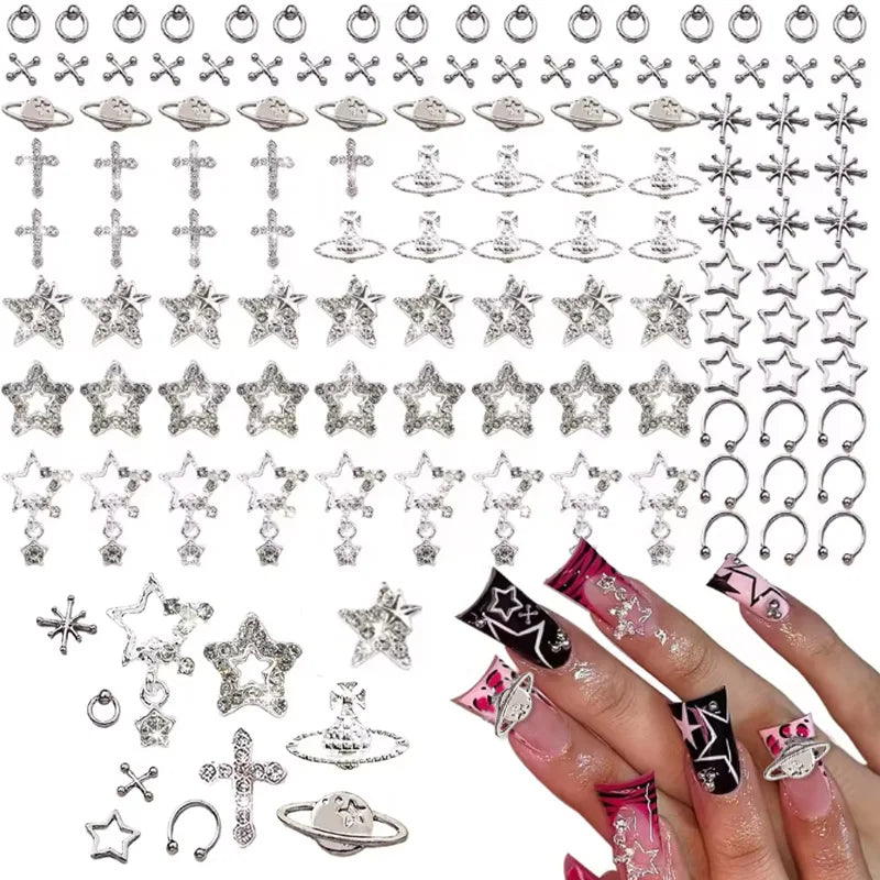 80PCS Star Nail Charms for Acrylic Nails,Silver Star Planet Cross Alloy Nail Art Decoration, Nail Stones Nail Jewels Accessorie