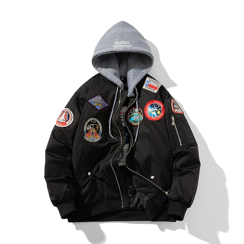 Autumn Winter Vintage Bomber Jacket Man Pilot Jacket Mens Military Letter American Thicken Coat Hooded Parkas Streetwear