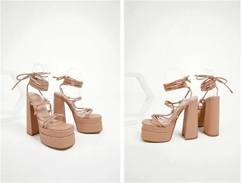 FF2025 New Fashion Solid Colored Cross-tied Heels Supper High Platform Dressing Sandals Peep-toe Square Heel Summer Footwear