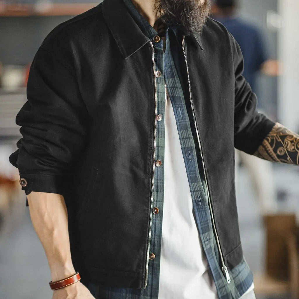 Maden Men's Vintage Ike Jacket Heavyweight Black Cotton Zip-Up Coat Lapel Collar Casual Outdoor Mountain Jacket for Spring Fall