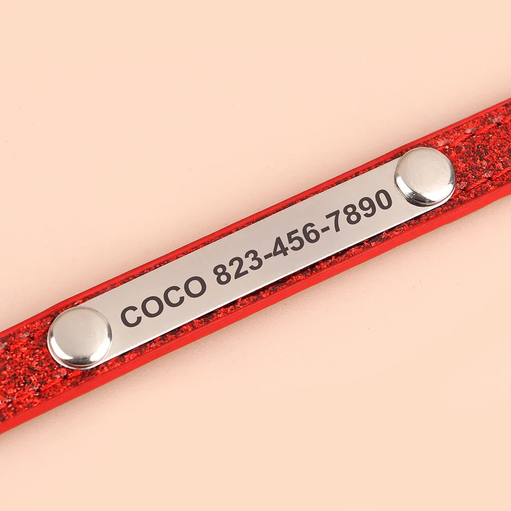 Personalized Cat Collar Custom Leather Cat Collars Free Engraved Puppy Kitten ID Necklace Bling Pet Collars for Small Dogs Cats