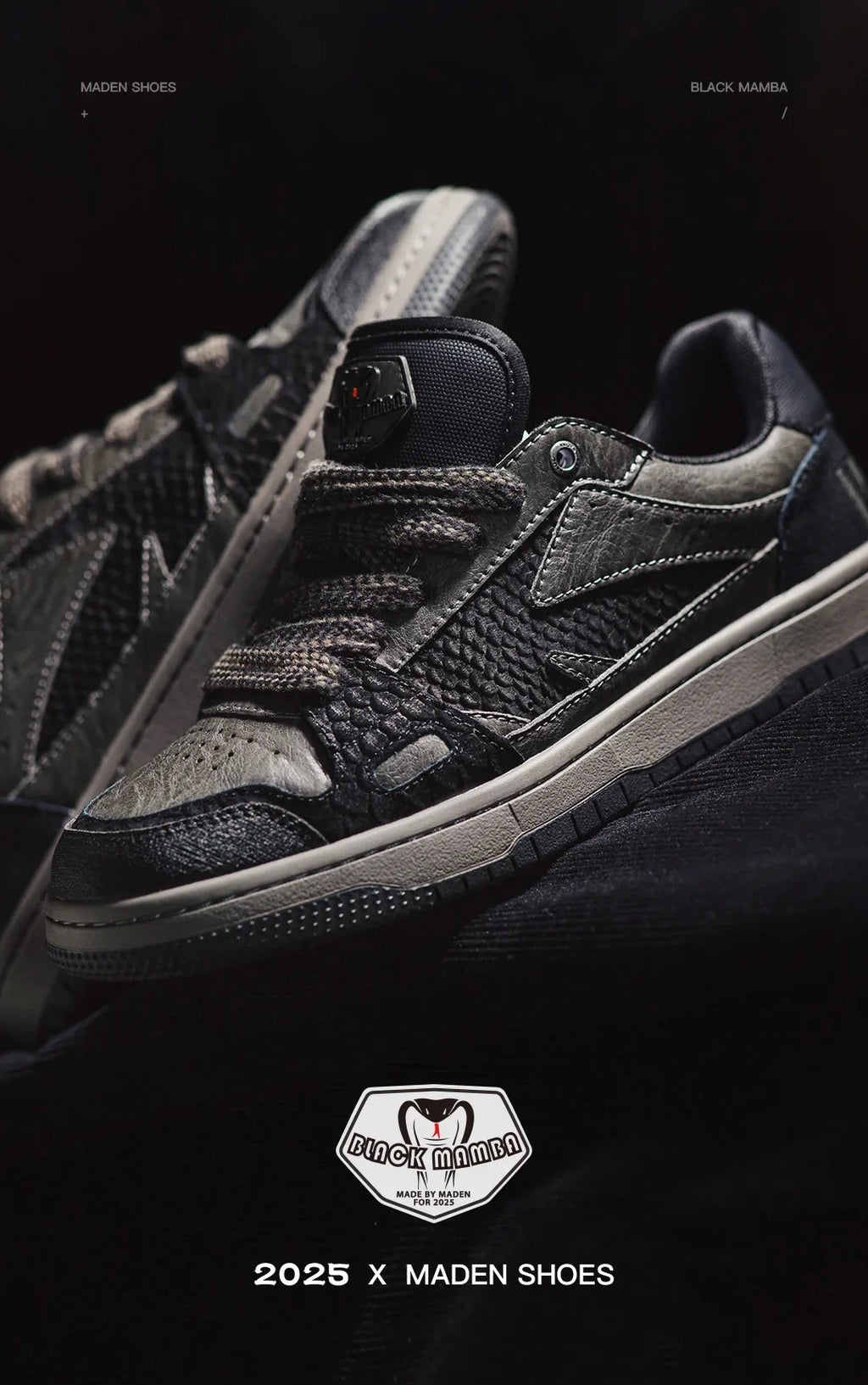 Maden Casual Snake Year Black Mamba Men's Sneakers Low-Top Flat Sole Versatile Black Shoes for Spring Autumn Skateboarding Shoes