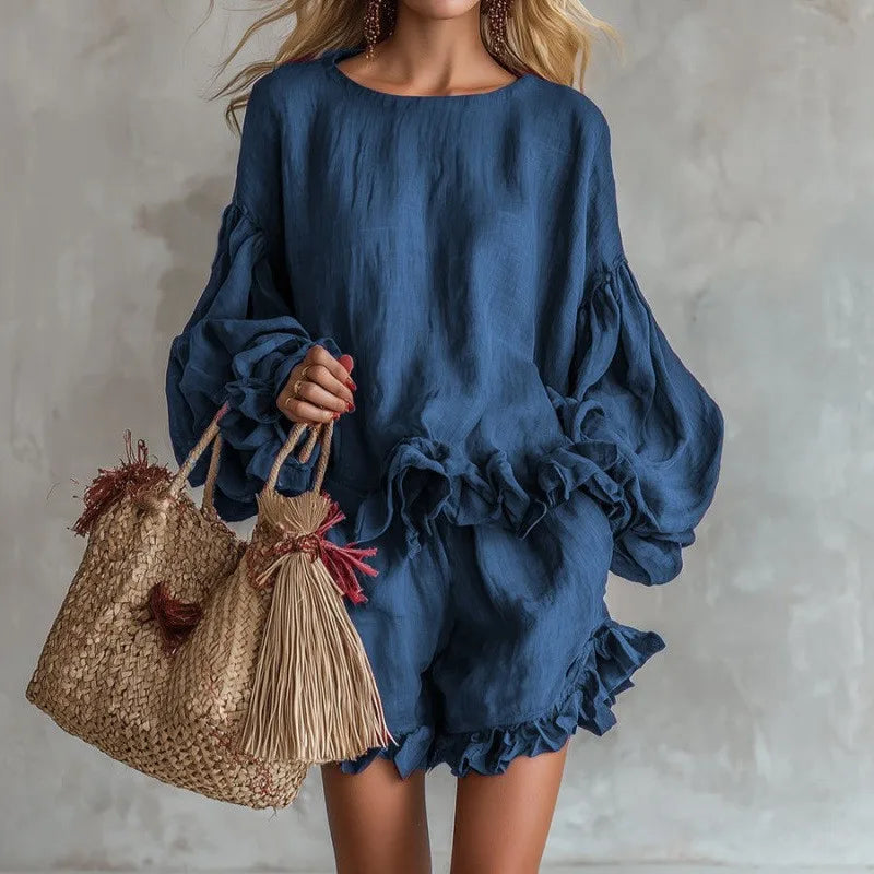 Women's Fashion Loose Lantern Sleeve Top & Ruffled Shorts Two-piece Set for Spring and Summer