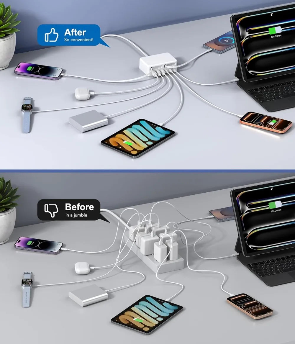 120W GaN USB C Charger Block, 8-in-1 Retractable Travel Charging Station Hub with Lightening & Type C Cable, for iPhone iPad Galaxy