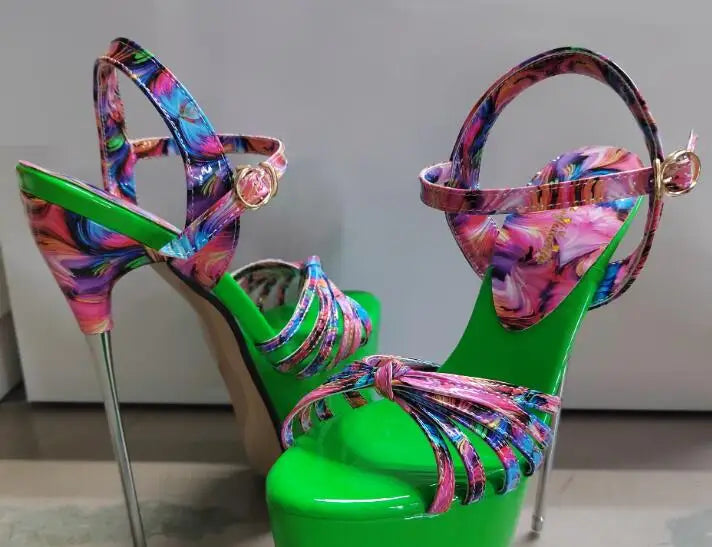 Summer 30cm Metal Thin High Heels Sandals Female Platform Women's Shoes Narrow Band Steel Pipe Dance Buckle SM Stripper Pumps