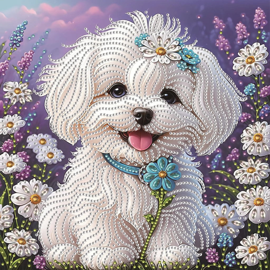 A set of "White Puppy Wearing Flowers" 5D Diamond Painting Kit, DIY handmade craft, partially adorned with irregular diamonds