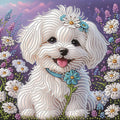 A set of "White Puppy Wearing Flowers" 5D Diamond Painting Kit, DIY handmade craft, partially adorned with irregular diamonds
