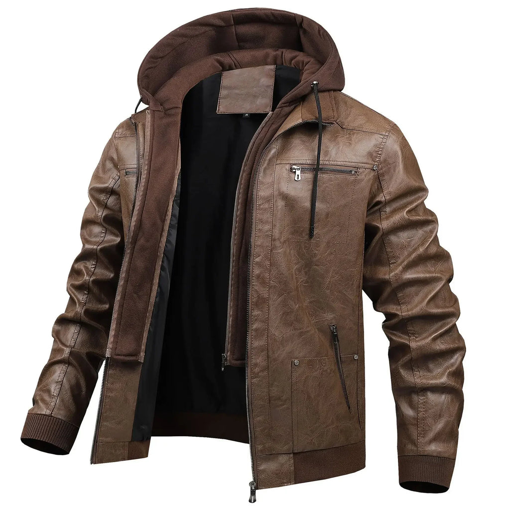 US Size Luxury Quality PU Jacket Men New Winter Faux Two-Piece Hooded Leather Jacket Casual Coat