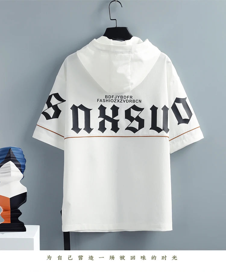2 Pcs/Set Men Tracksuit Short Sleeve Hoodies+Pants Hooded Elastic Waist Summer Hip Hop Sweatshirt Sweatpants Loose Set