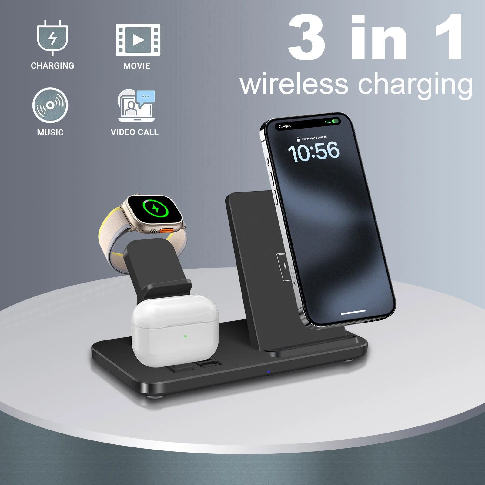 3 In 1 Wireless Charger Stand Pad for iPhone 16 15 14 13 12 Pro Max Airpods Pro 2 3 iWatch 10 9 8 7 6 Fast Charging Dock Station