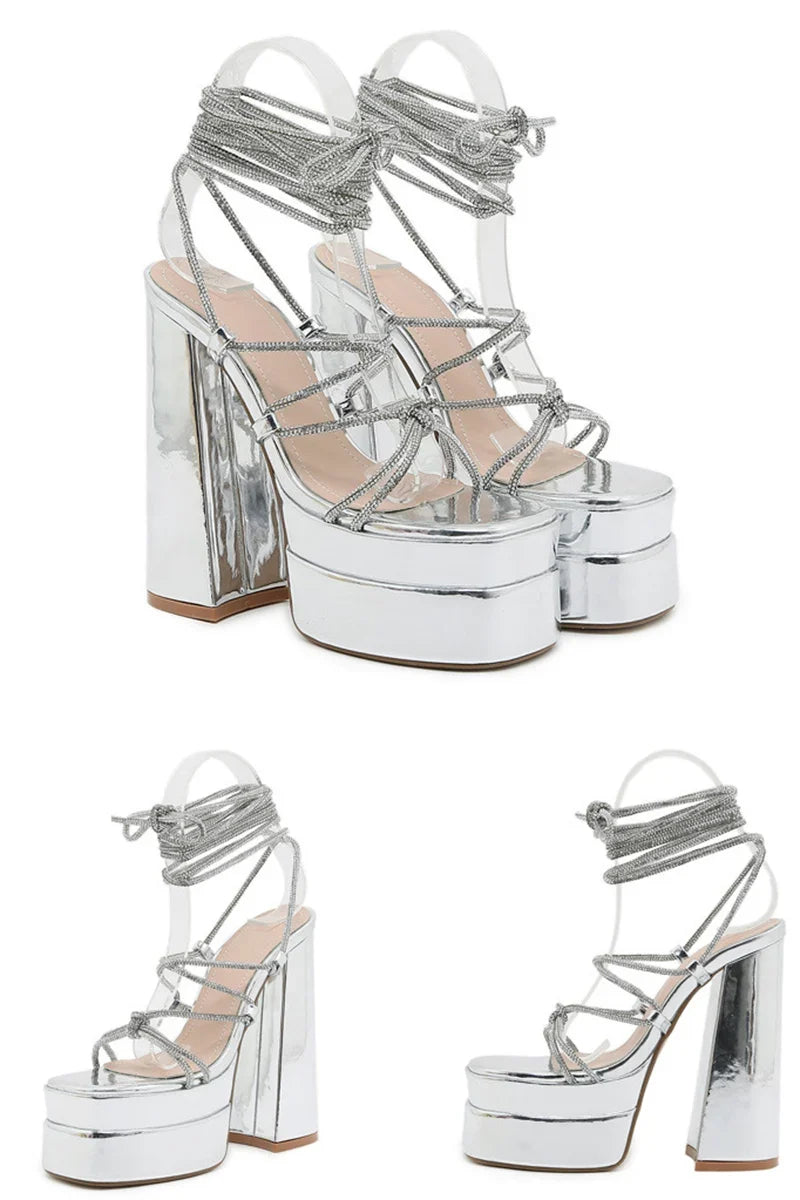 MM2025 New Arrival Rhinestone Embellished Knot T-Strap Heels Roman Peep-toe Summer Sandals Shiny Perfomance Anniversary Footwear