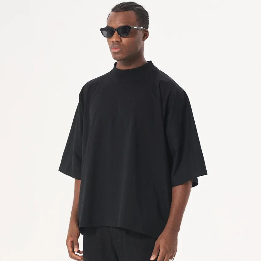 300GSM Heavyweight Cotton Boxy Cropped Tee | Slim Neck Streetwear T-Shirt Hip Hop Men's Short Wide Distressed Shirt