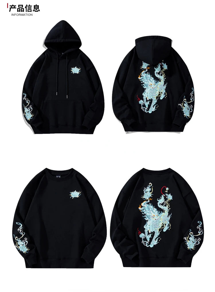 Vintage Hoodies Men Dragon Embroidery Hoodies Women Hip Hop Hooded Sweatshirt Chinese Streetwear Hoody Cotton Fleece Pullover