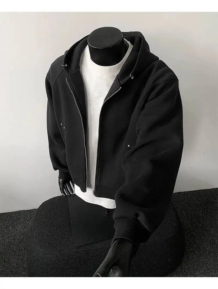 PFNW New Autumn Men's Sweatshirt 2025 Solid Color With Hat Long Sleeve Zipper Korea Fashion Male Tops 28W8776