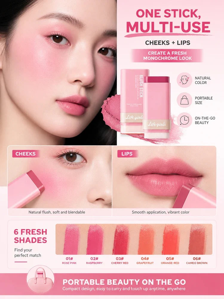 3-in-1 Cream Blush Stick Cheeks Lips Eyes, Long Lasting Waterproof Blendable Dewy Glow Makeup Stick for All Skin Tones