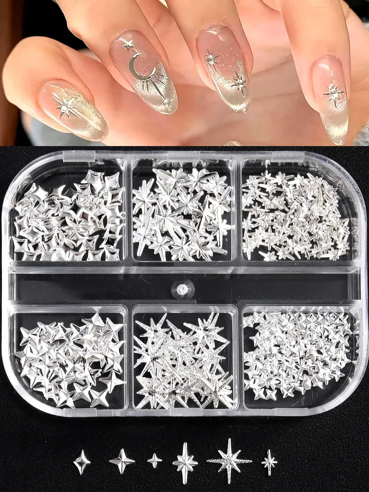 6/12Grids Gold Star Moon Metallic Rivet 3D Nail Charms Alloy Sun Moon Starlight Rhinestones Nail Studs For Nail Art Decoration