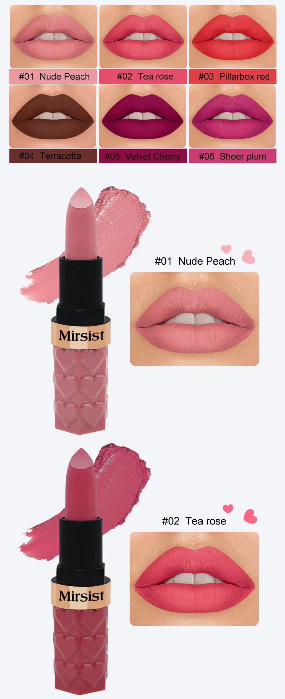 Matte Lipstick Nude Peach Brown Cherry Shades Velvety Smooth Long-Lasting Rich Pigment Waterproof Non-Stick Cup Lip Stick Makeup
