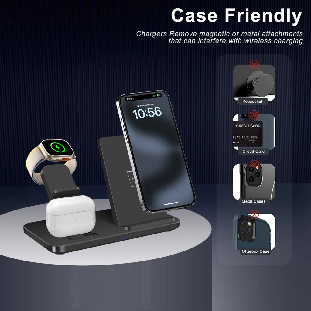 3 In 1 Wireless Charger Stand Pad for iPhone 16 15 14 13 12 Pro Max Airpods Pro 2 3 iWatch 10 9 8 7 6 Fast Charging Dock Station