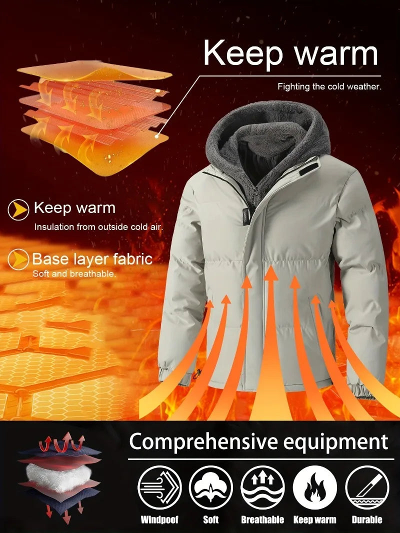 Winter Windproof Men's Faux Jacket Casual Polyester Coat with Detachable Hood Zip-Up Front Long Sleeves & Pockets Winter Clothes