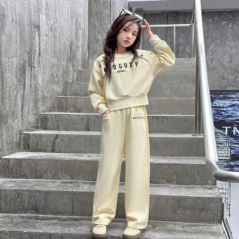 2025 teenager Gray girls Sport Suit winter spring Clothes Long Sleeve sweatshirt & wide leg Pant Casual 4 8 10 11 12 Years