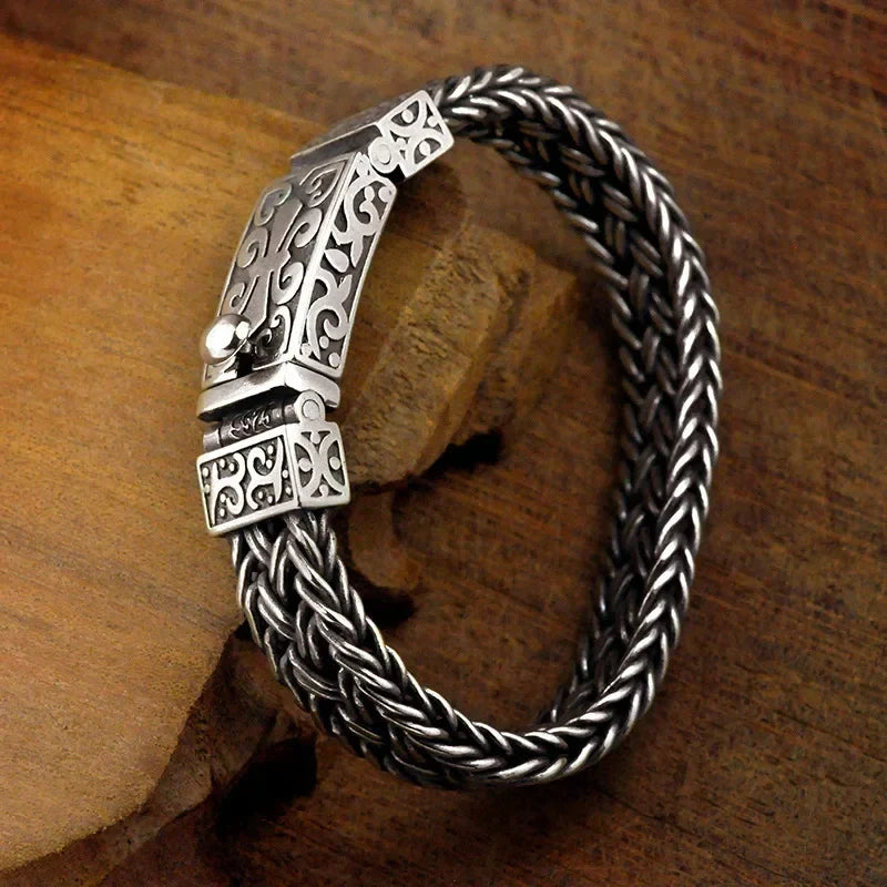 Powerful S925 pure silver vintage pattern woven bracelet, suitable for both men and women, fashionable jewelry gift for everyone