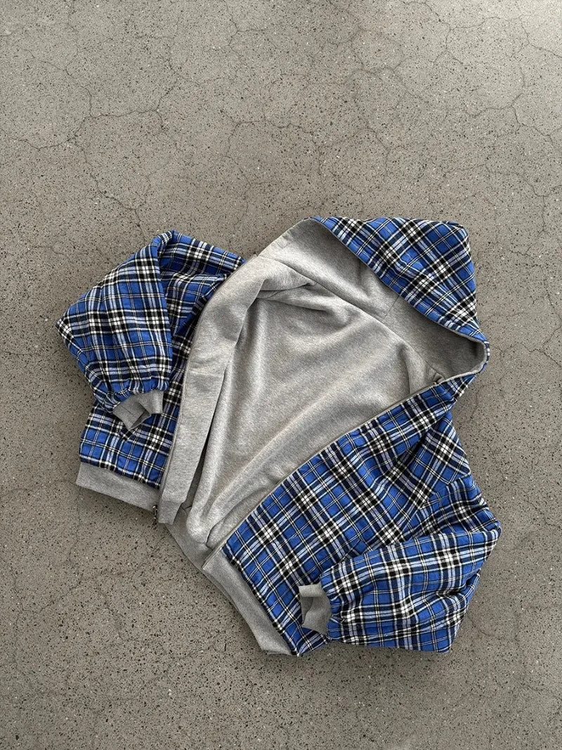Oversized Reversible Hoodies Men Street Casual Spring Clothes Hoodie with Plaid Lining Solid Color Sweatshirt Streetwear