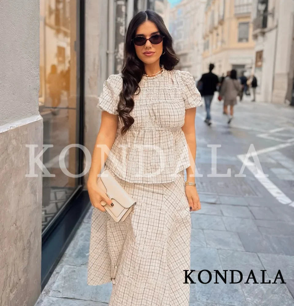 KONDALA Chic Embroidery Plaid Skirt Set Women Trendy 2026 Spring Summer Holidays Casual Set Puff Sleeve Shirts, A-Line Skirts