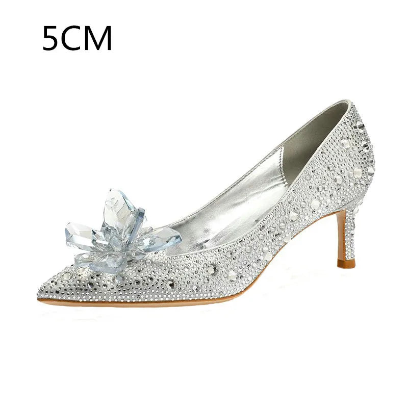 Newest Silver High Heels Wedding Women Shoes Diamond Pumps Crystal Shoes Rhinestone Pointed Toe Glitter Party